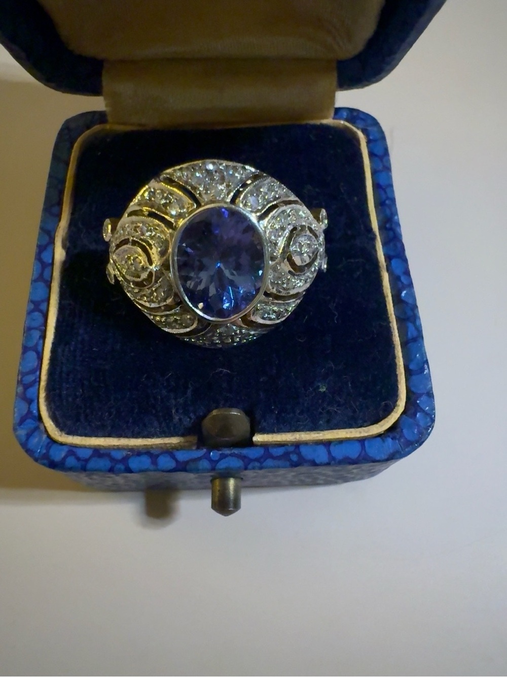 Vintage 14K White Gold Blue-Violet Gemstone & Diamond Cocktail Ring